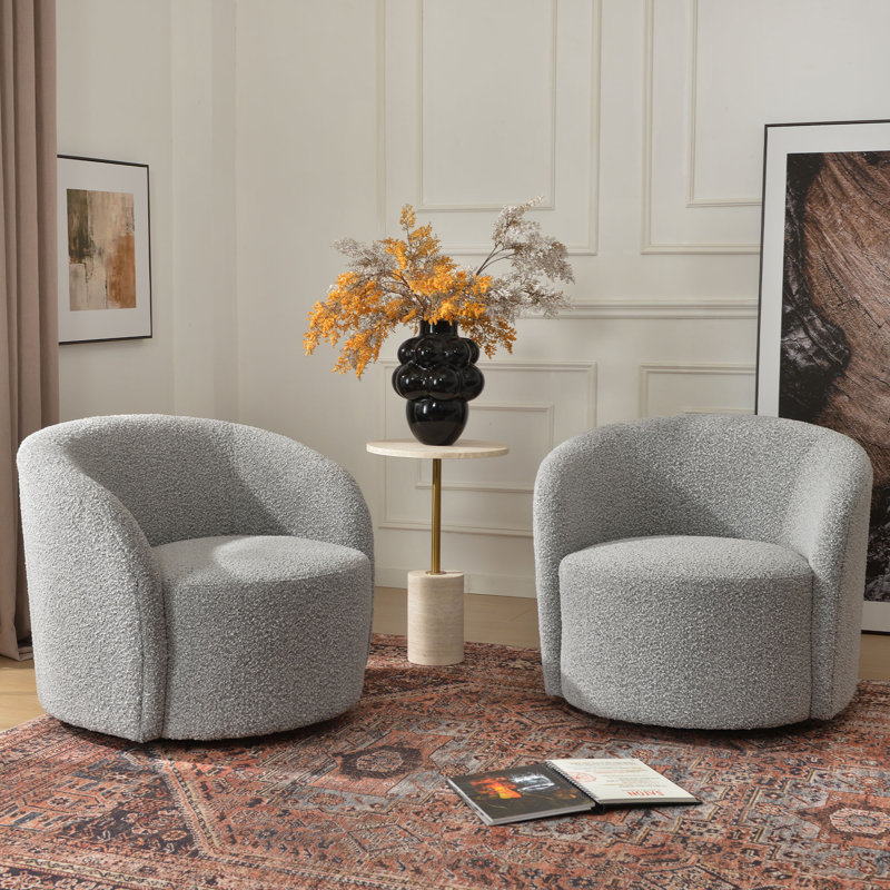 Cleaven 34" Wide Boucle Upholstered Swivel Barrel Chair (Set of 2), Noir / blanc