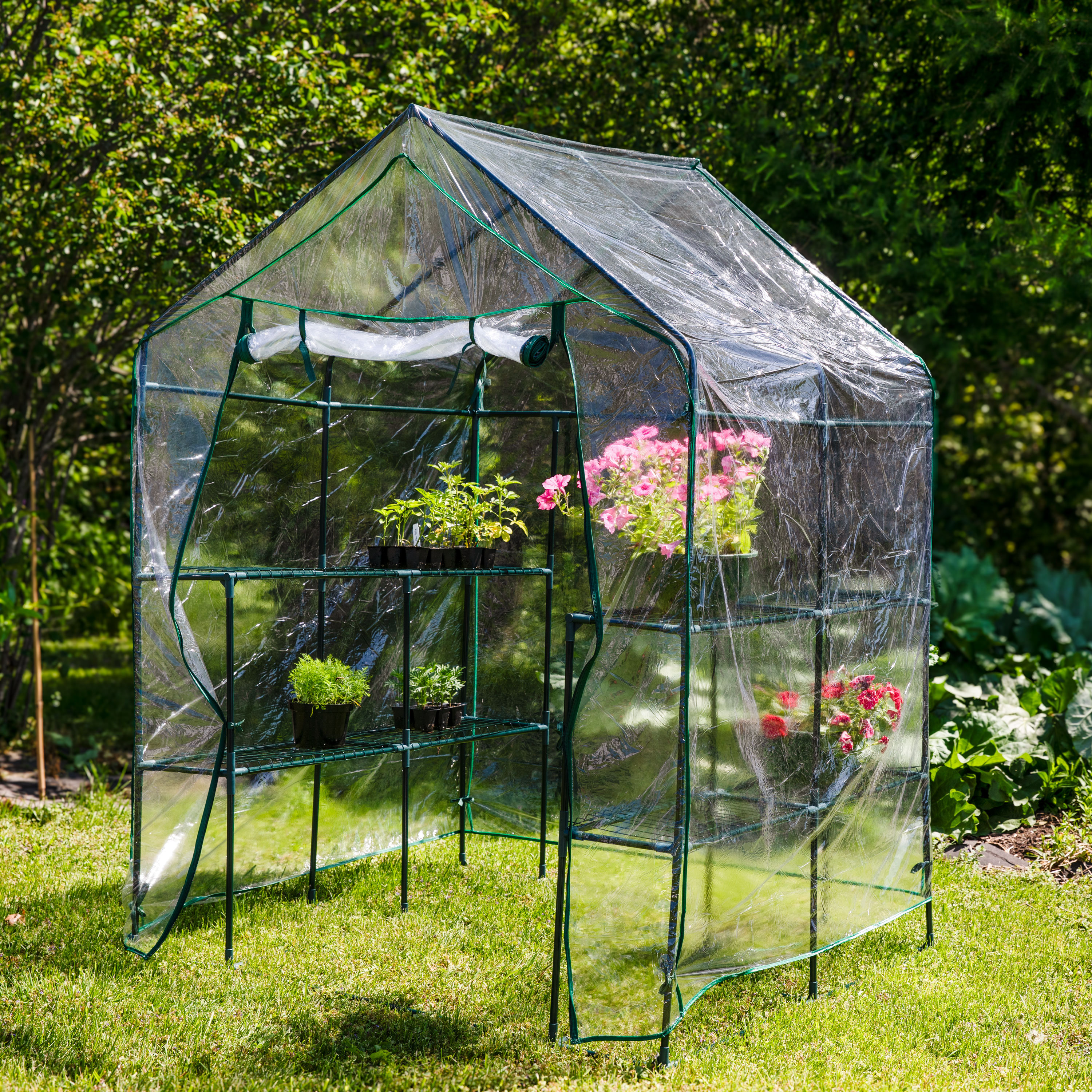 Sunnydaze Decor Grandeur Walk-In Greenhouse with 4 Shelves for Outdoors - Clear, image size:3000x3000