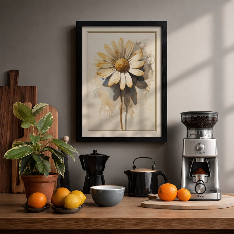 Single Daisy Study Botanical - Framed Print, A3 - 42.0 x 29.7 cm, Black
