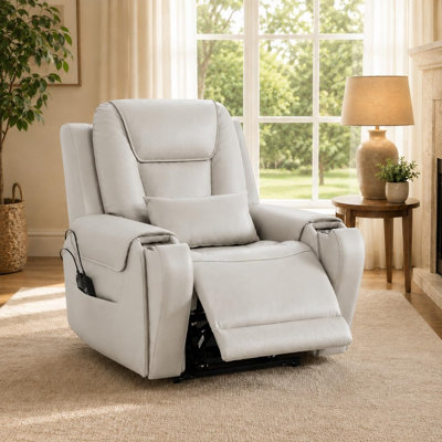 Fauteuil inclinable électrique en cuir véritable avec chaleur et massage, fauteuil électrique inclinable pour personnes âgées, porte-gobelet, coussin lombaire et poches de rangement latérales