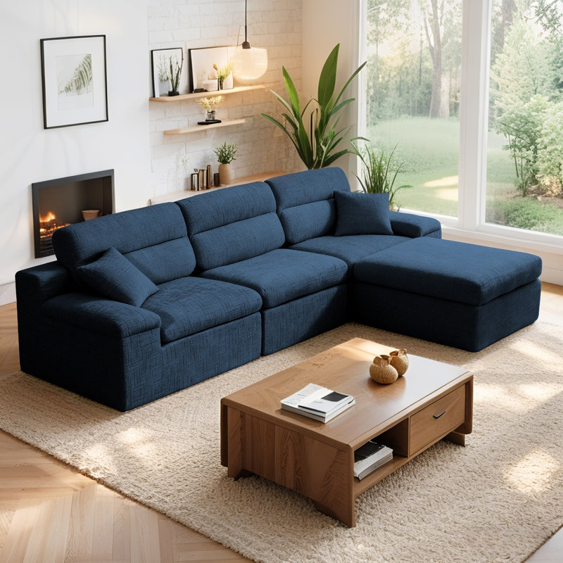 Canapé modulaire en L 110 po Chenille, Chenille bleu foncé