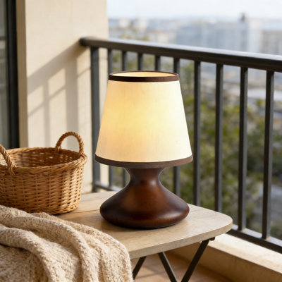 Ebern Designs Farmhouse Table Lamp With Wooden Base And Fabric Shade, Compact Bedside Nightstand Light For Living Room, Office, Dorm, Bookshelf, And Kitchen Counter