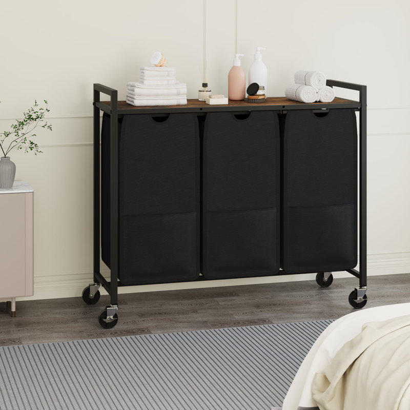 3-Section Rolling Laundry Hamper with Wheels, 34.5 Gal Laundry Sorter with Pull-Out Removable Bags, Brown&Black, Brown/Black
