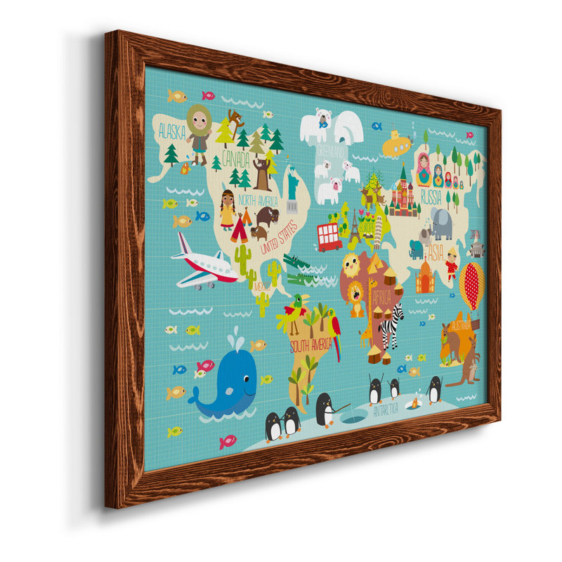 Carte du monde des enfants - cadre photo, impression sur toile, Toile avec cadre érable, H 24 po x l 18 po x P 1,5 po