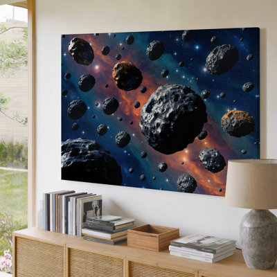 Toile dans une scène d'espace vibrante et fantaisiste, planètes colorées et art mural, figurines d'astronaute ludiques en costumes blancs distinctifs avec art mural sur toile