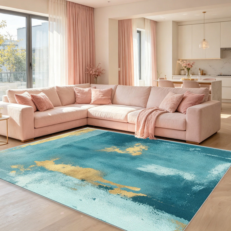 Teal Gold Abstract Watercolor carpet-easy to clean, machine-washable, soft and comfortable; suitable for door mats, kitchens, living rooms, bedrooms, corridors, and laundry areas. Easy to clean, durable carpet for home decoration.