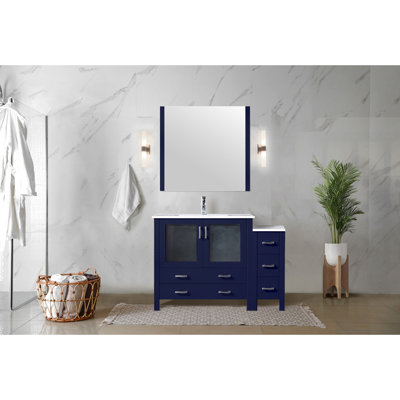 Meuble-lavabo de salle de bain 48 po x 18,25 po bleu marine avec comptoir latéral, comptoir en céramique blanc, robinet de 34 po et fabrication 48,25 po, comptoir, robinet, qualité durable