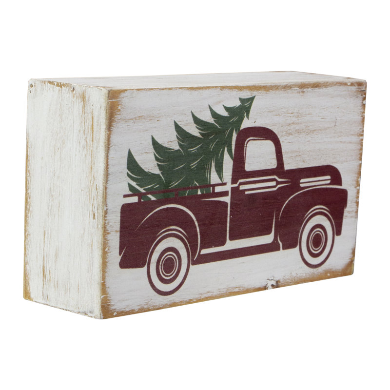 Enseigne de Noël blanche en bois 6 "avec camion rouge rétro et arbre