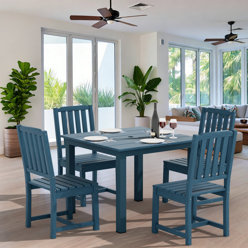 Outdoor Patio Dining Set, Including A Square Table And 4 Armless Chairs, Blue