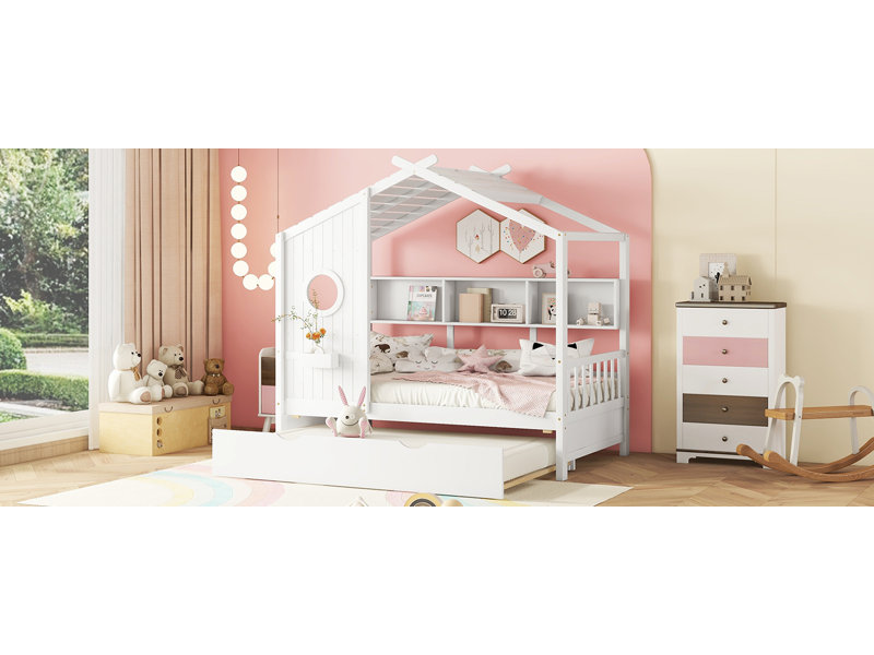 Contemporary Wooden House Bed with Trundle and Storage Shelves, Twin, White