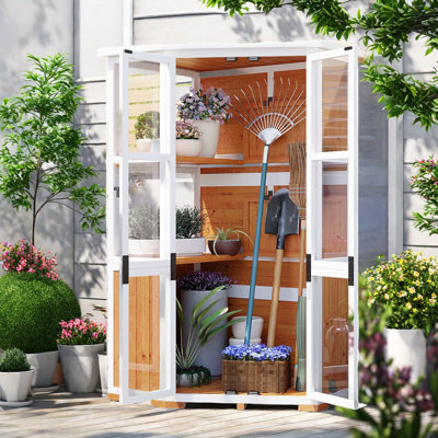 Heigh Garden Wood Storage Cabinet With Waterproof- Roof And Lockable Door For Backyard, Adjustable Shelves Including Two Foldable Ones