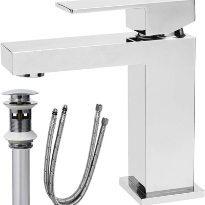 Robinet de salle de bain moderne, robinet de salle de bain monotrou, robinet de lavabo de salle de bain en laiton massif poli, robinet de salle de bain carré à poignée simple avec bonde escamotable
