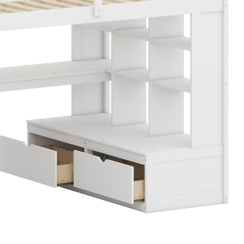Lit mezzanine avec bureau, tablettes, tiroirs intégrés et escalier de rangement, White