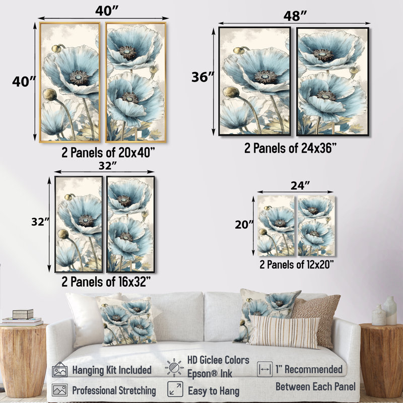 Vibrant bleu blanc pivoine I - art floral pivoines sur toile 2 panneaux, H 32 po x l 32 po, Doré
