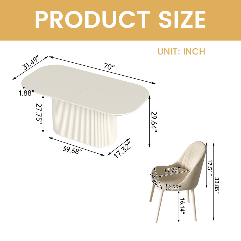 70" Modern Oval Cream White Dining Table Set with 6 Chairs for Kitchen, Bar, Living Room, 29.64" H x 70" L x 33.46" W