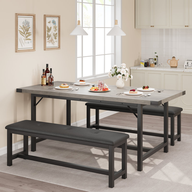 Ensemble de table de salle à manger extensible 63 po avec 2 bancs, ensemble de table de cuisine rectangulaire de 3 pièces pour 4 à 6 personnes, ensemble de coin-repas en bois industriel avec structure en métal robuste, conception peu encombrante, gris rustique