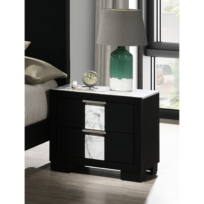 Table de chevet pour chambre à coucher en noir - Armoire moderne à deux tiroirs et finition blanche