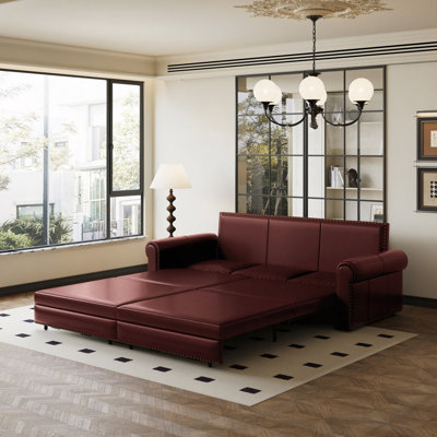 Canapé Chesterfield, canapé-lit gigogne de 93,7 po, canapé-lit convertible 3 en 1 en similicuir avec garniture cloutée et accoudoirs roulés, canapé-lit multifonctionnel, chambre à coucher