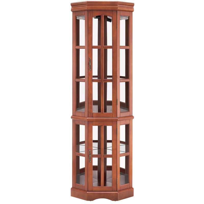 Vitrine de coin en noyer avec 5 tablettes amovibles et éclairage 5 effets artistiques, Noyer