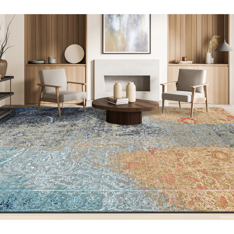 Tapis gris / bleu / jaune noué à la main de haute qualité, Rectangle 12 pi x 15 pi