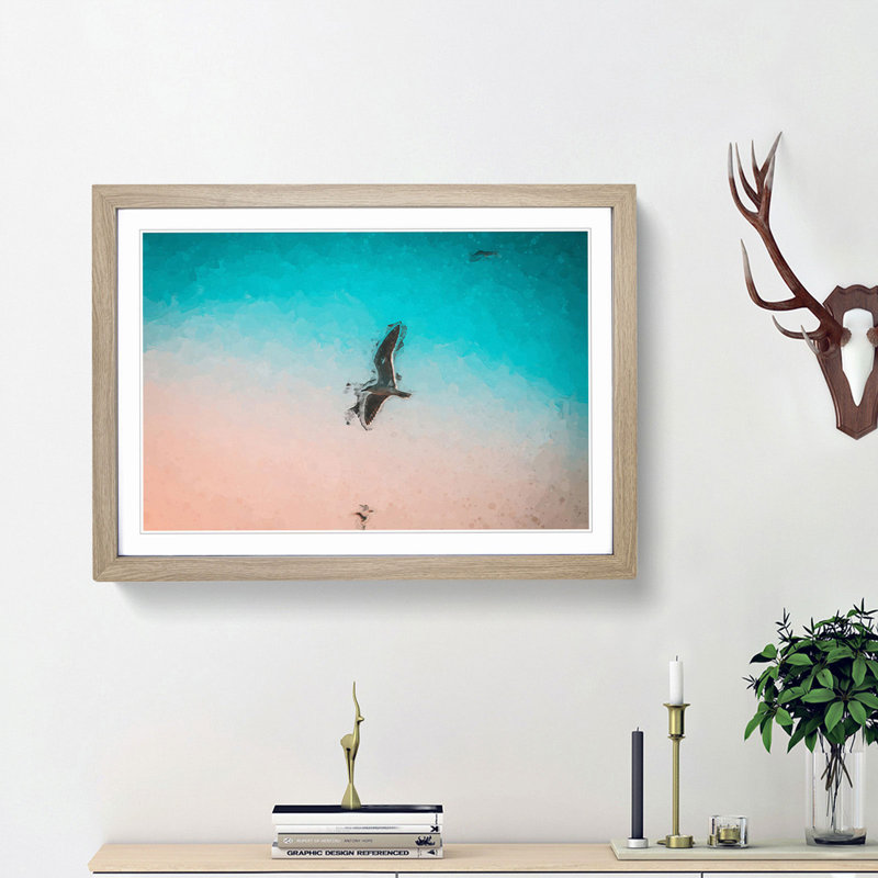Soaring Seagulls in Abstract - Picture Frame Graphic Art Print, Oak Framed, 36cm H x 48cm W x 2cm D