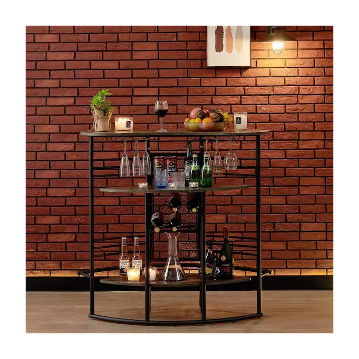 Table de bar ovale avec plateau en bois brun antique et structure en métal - comprend un support à vin