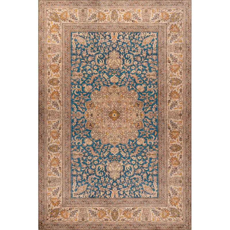 Tapis décoratif jaune en polyester oriental brun doux tissé à la machine, Rectangle 5 pi 3 po x 7 pi 7 po