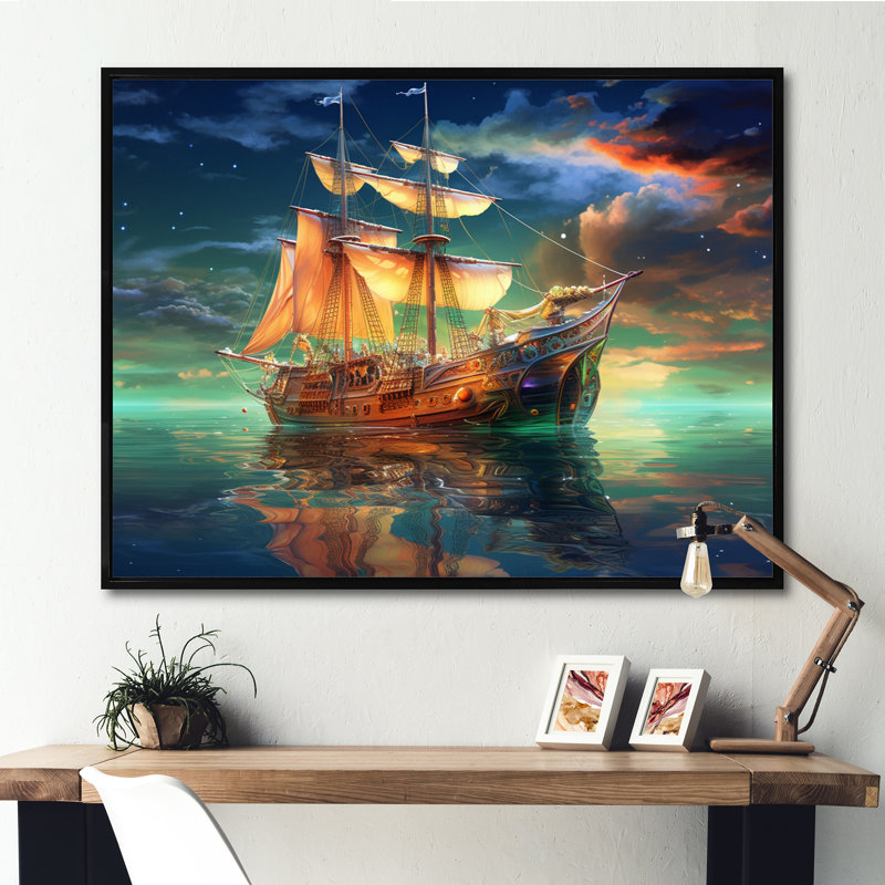 «Boat Magical Waters II», reproduction d'art sur toile, 34" H x 44" W, Cadre flottant noir
