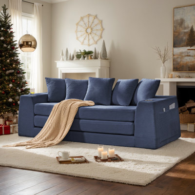 82" Corduroy Convertible Compression Sofa Bed, 2 in 1 Folding Futon Sofa with Cup Holders & Side Pocket, 5 Back Cushion, No Assembly Required, Upholstered Boneless Couch for Living Room, Apartment
