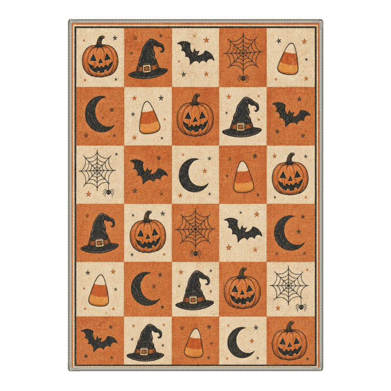 Tapis d'Halloween Spooky Icon, noir / orange, lavable à la machine, à poils courts, antidérapant, Rectangle 6' x 9'