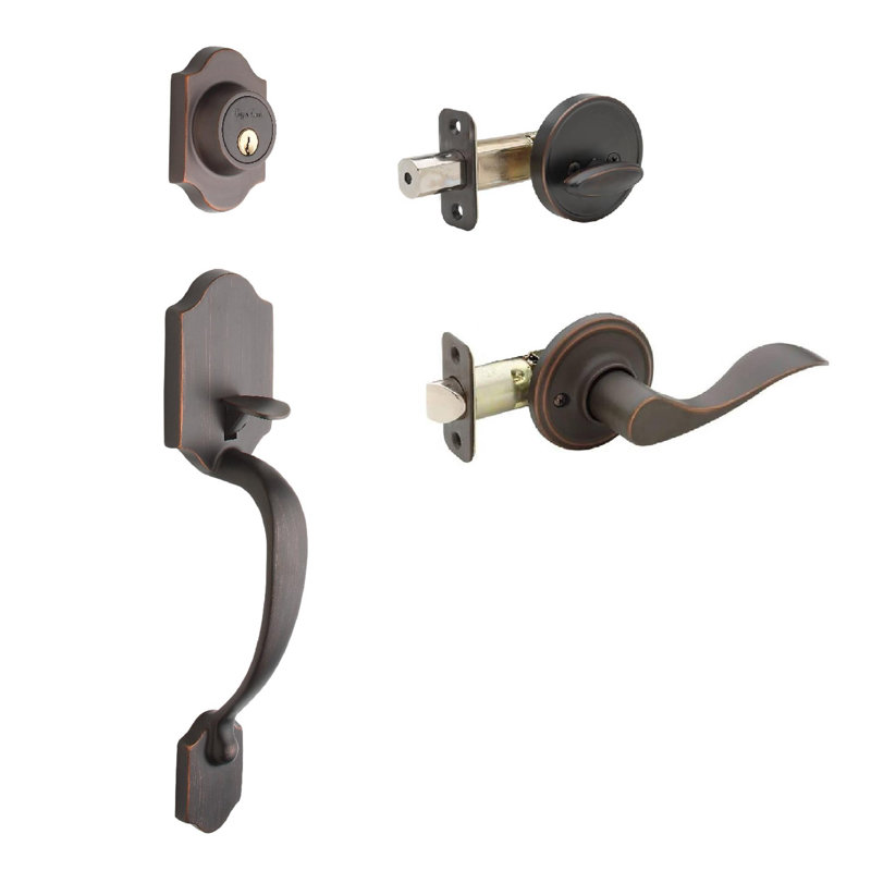 Jeu poignées en cuivre creek avec verrou cylindrique simple et levier de porte de cuivre creek et rosette colonial, Gauche