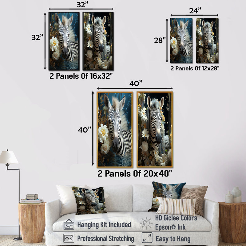 Zeste de zèbre avec fleur blanche - animaux, ensemble de 2 reproductions d'art sur toile zèbre, Toile tendue