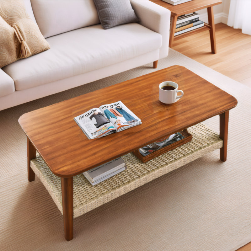 47" Boho Farmhouse Coffee Table - Mid-Century Rattan Shelf Storage, Low Profile