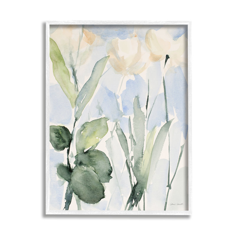 Abstrait fleurs blanches et feuilles, H 14 po x l 11 po x P 1,5 po, Giclée encadrée blanc bord de mer