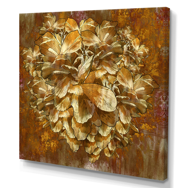 Abstrait fleur d'or grunge abstraite - œuvre d'art traditionnelle sur toile, H 16 po x l 16 po x P 1 po, Toile tendue