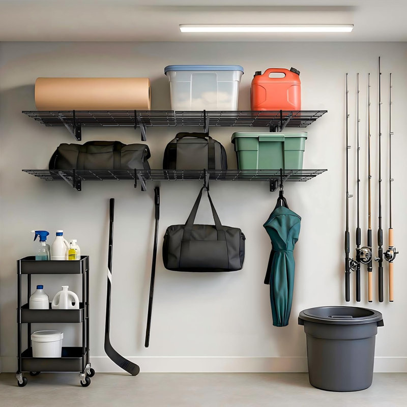 Heavy Duty Wall Mounted Storage Rack, Industrial Strength Storage Capacity Metal Shelving Unit with Hooks, Floating Shelves for Garage/Utility Room.