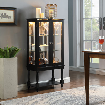 Lighted Curio Diapaly Cabinet with Open Storage Space,Solid Wood Legs and adjustable Shelves, Acrylic Mirrored Back Panel, Tempered Glass Doors