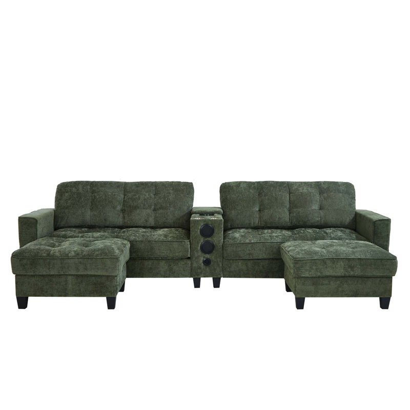 Modern Sectional Sofa with Smart Console and Bluetooth Audio, Green