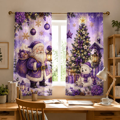 2Pcs Christmas Santa Bear Winter Scene Curtains, Festive Holiday Snow Landscape Light Filtering Window Drapes For Living Room Bedroom Kitchen and Home Decor