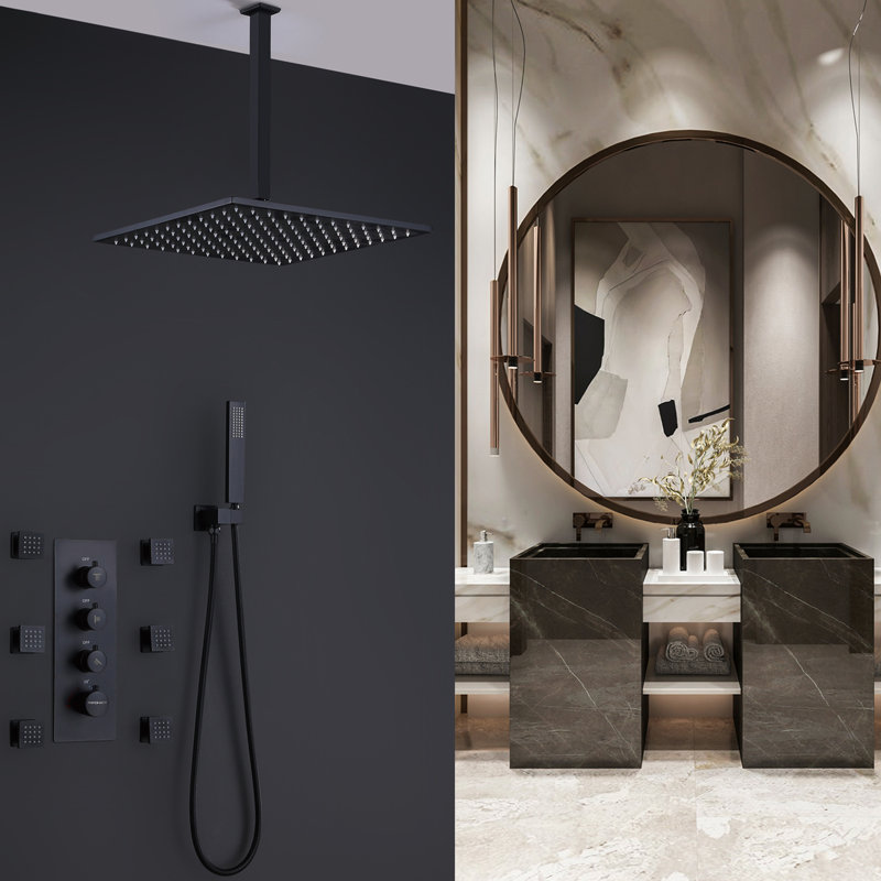 Système de jets de douche 15,74 pouces au mur, ensemble de robinet de douche à jet de pluie de plafond avec corps de valve thermostatique