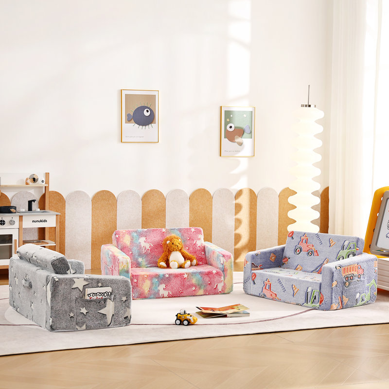 Kids Sofa, Extra Wide 2 In 1 Kids Fold Out Chair Convertible Sofa To Lounger, Vehicles