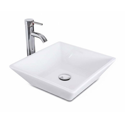 Square Ceramic Basin Vessel Sink for Bathroom Vanity, 16" x 16" Beveled Porcelain Sink with Faucet and Pop Up Drain