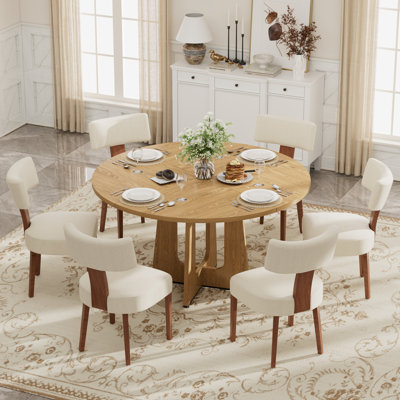 47.24" Round Dining Set Mid-Century Modern Wooden Table & 4-6 Upholstered Chair Set For Home, Kitchen, Dining