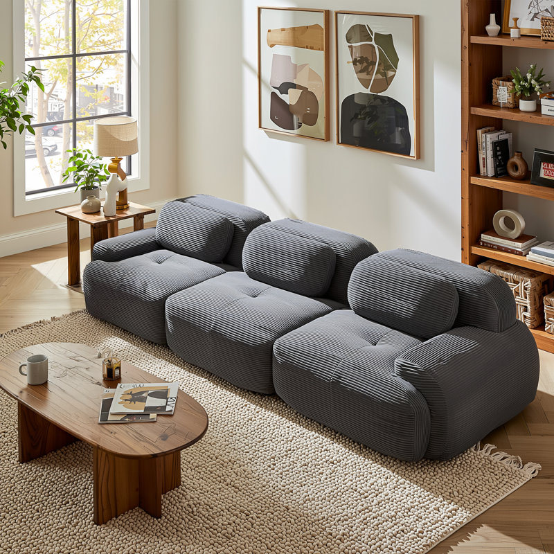 Canapé modulaire à assise profonde en velours côtelé doux, canapé modulaire 3 places avec dossier coussiné, gris anthracite