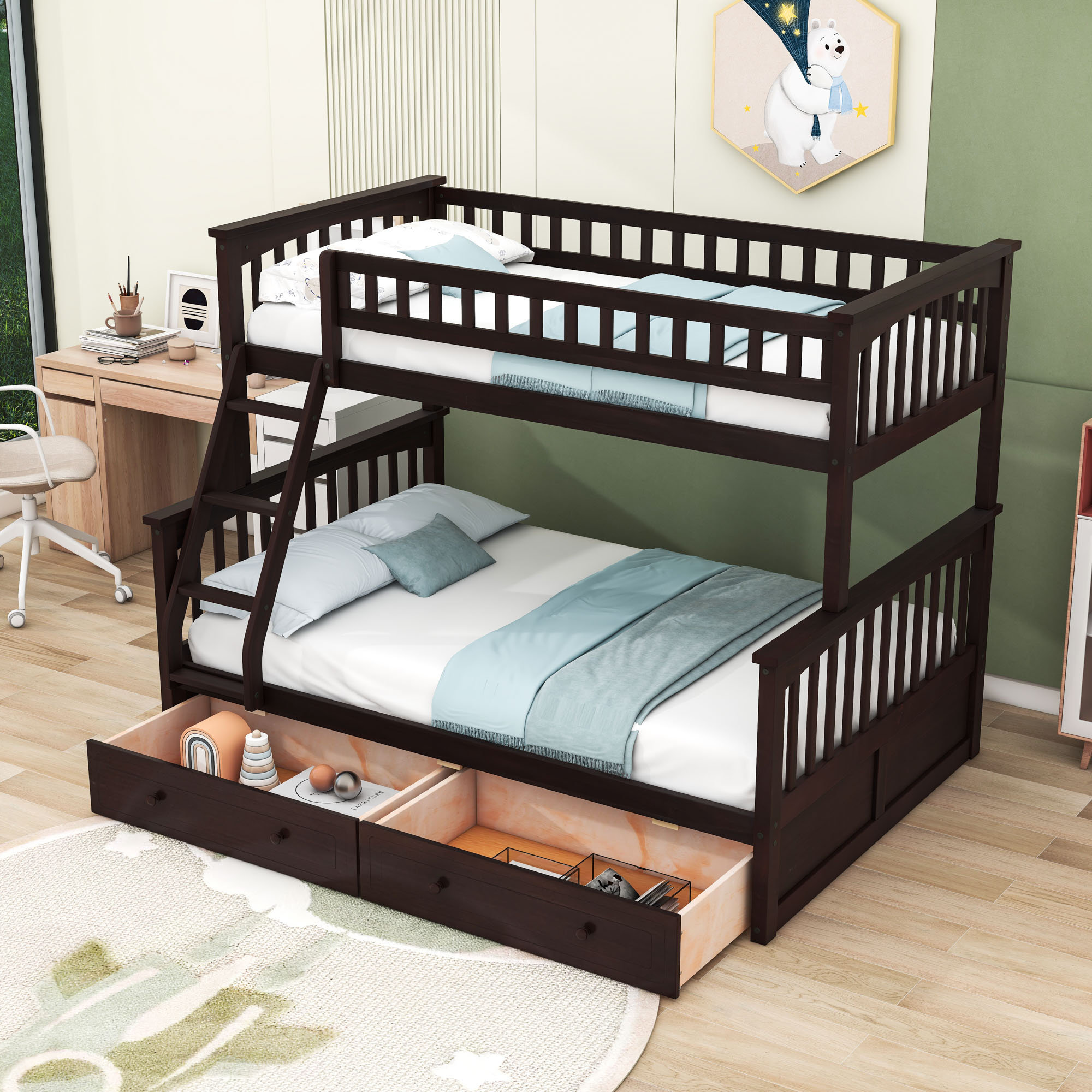 Harriet Bee Twin Over Full Two Drawers Wooden Bunk Bed With Guardrails ...