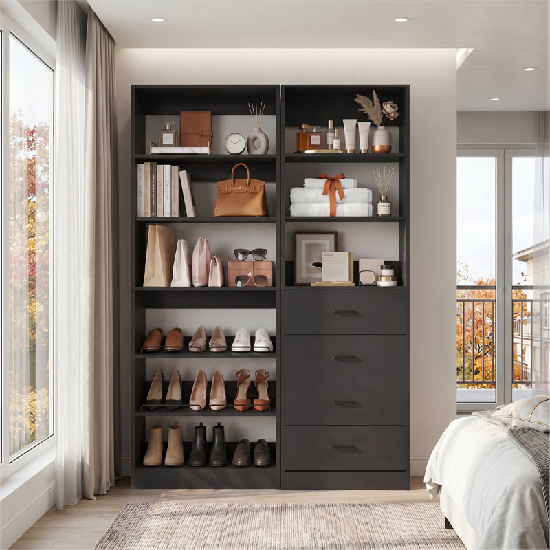 Système d'organisation avec 4 tiroirs, étagères à chaussures, tablettes réglables Bettyann, Black