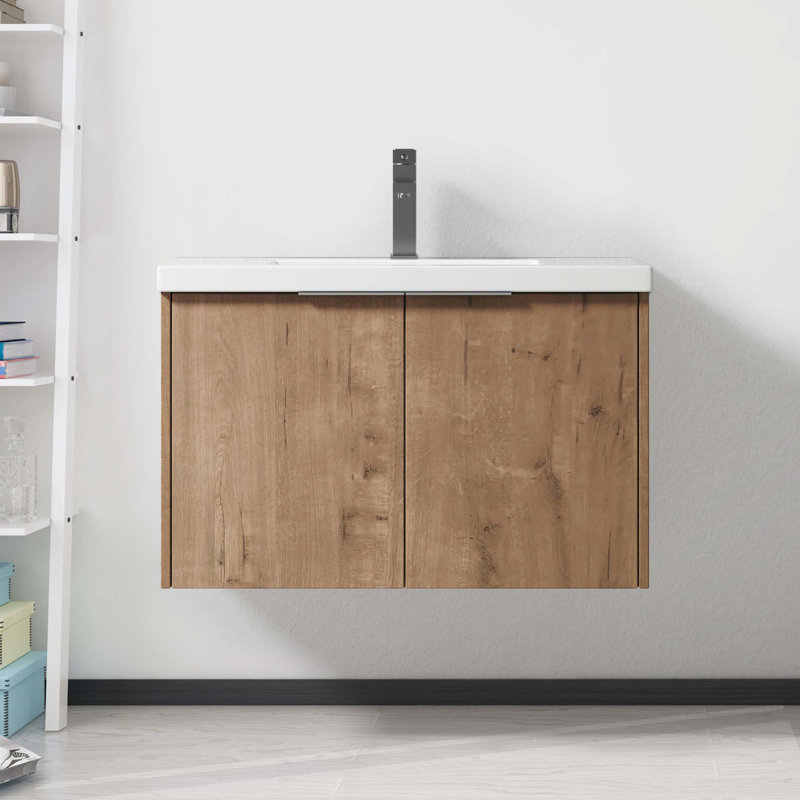 Meuble-lavabo mural simple 29,5 po avec plateau en résine Fesser, Imitation chêne
