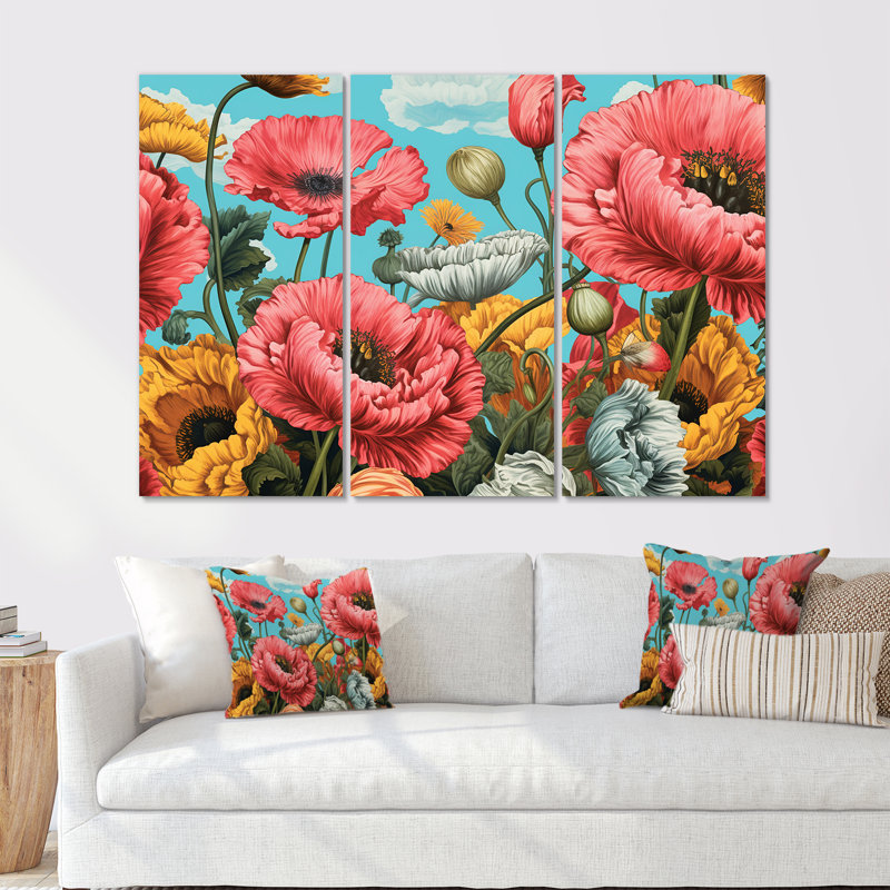 «Sunlight Beautiful Poppy Fields» - ensemble d'art mural coquelicots, H 40 po x l 60 po x P 1 po