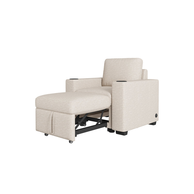  Fauteuil lit simple 35 pouces avec ports USB et porte-gobelets, chenille beige, Beige