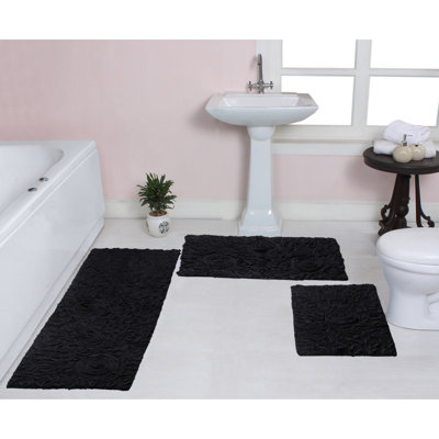 YSSFAV 3 Pcs Black Flower Bath Mat Floral Boho Retro Peony Rose Spring Plant Memory Foam Bathroom Kitchen Bedroom Livingroom Soft Floor